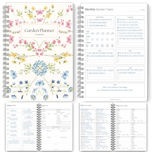 May include: A spiral-bound Garden Planner notebook with floral and butterfly illustrations. The cover features the text "Garden Planner" and "Templatables." Inside pages include monthly tasks, weekly planner, and plant care guides.