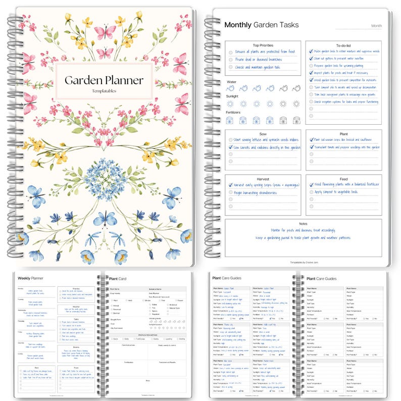 May include: A spiral-bound Garden Planner notebook with floral and butterfly illustrations. The cover features the text "Garden Planner" and "Templatables." Inside pages include monthly tasks, weekly planner, and plant care guides.