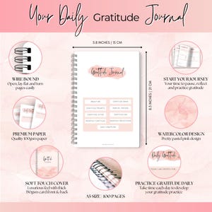 May include: A wire-bound gratitude journal with a soft-touch cover. The journal is A5 size, 5.8 inches wide and 8.3 inches tall, with 100 pages of premium 100gsm paper. The cover and pages have a watercolor design in pastel pink.
