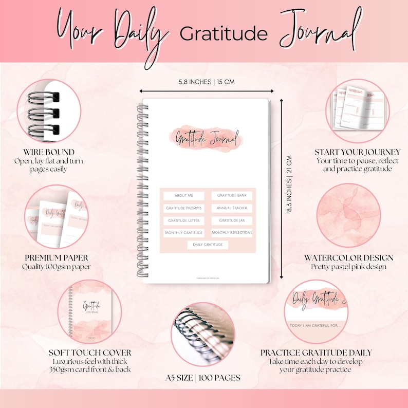 May include: A wire-bound gratitude journal with a soft-touch cover. The journal is A5 size, 5.8 inches wide and 8.3 inches tall, with 100 pages of premium 100gsm paper. The cover and pages have a watercolor design in pastel pink.