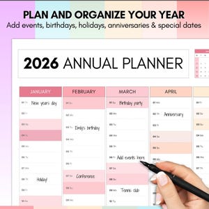 May include: 2026 annual planner with pink and peach color blocks for each month. The planner includes space to add events, birthdays, holidays, anniversaries, and special dates. The text "PLAN AND ORGANIZE YOUR YEAR" is at the top.