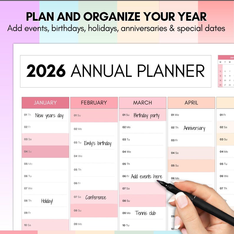 May include: 2026 annual planner with pink and peach color blocks for each month. The planner includes space to add events, birthdays, holidays, anniversaries, and special dates. The text "PLAN AND ORGANIZE YOUR YEAR" is at the top.