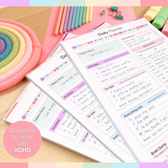 ADHD NOTEPAD for Neurodivergent Adults - Productivity Daily Planner & To do list, focus, brain dump, cleaning | Colorful, A4 NOTEPAD Deskpad