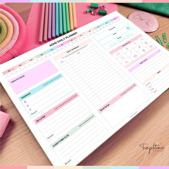 ADHD NOTEPAD for Neurodivergent Adults - Productivity Daily Planner & To do list, focus, brain dump, cleaning | Colorful, A4 Deskpad