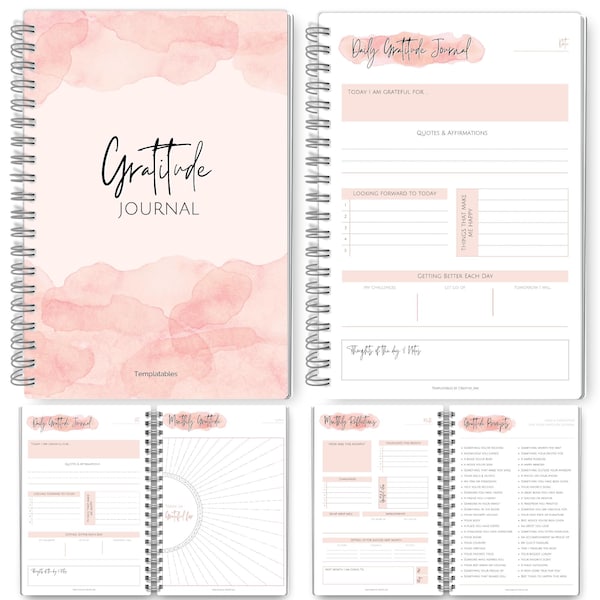 Diario de gratitud y atención plena, Planificador de autocuidado de 90 días, Diario de positividad, Frasco de gratitud diario, Bienestar, Manifestación / Espiral A5, ROSA
