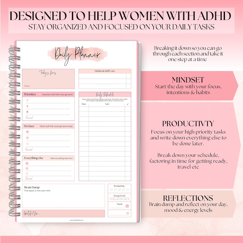 Pink ADHD Daily Planner for Neurodivergent Adults - Productivity ...