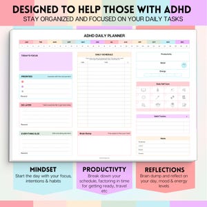 Pu&ograve; includere: Planner giornaliero per ADHD con sezioni per programma giornaliero, priorit&agrave; e riflessioni. Include aree per umore, energia e monitoraggio delle abitudini. Progettato per aiutare a rimanere organizzati.
