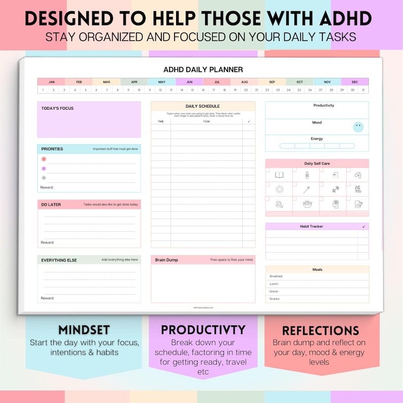 Pu&ograve; includere: Planner giornaliero per ADHD con sezioni per programma giornaliero, priorit&agrave; e riflessioni. Include aree per umore, energia e monitoraggio delle abitudini. Progettato per aiutare a rimanere organizzati.