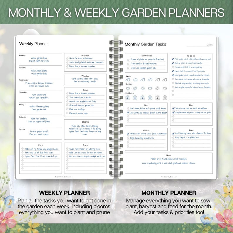 May include: Open spiral-bound garden planner with weekly and monthly task lists. The left page is the weekly planner, and the right page is the monthly planner. The planner includes sections for priorities, weather, tasks, blooms, and more. Text at the bottom reads, "WEEKLY PLANNER" and "MONTHLY PLANNER."
