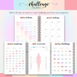 May include: A spiral-bound planner with colorful pages for tracking progress. The planner includes sections for a 30-day challenge, a 12-week challenge, and a 52-week weight loss plan. The planner also has a body measurement section.