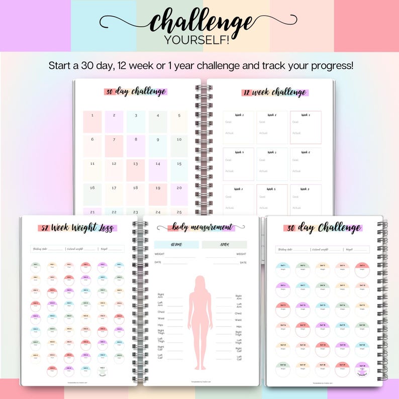 May include: A spiral-bound planner with colorful pages for tracking progress. The planner includes sections for a 30-day challenge, a 12-week challenge, and a 52-week weight loss plan. The planner also has a body measurement section.