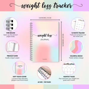 May include: A wire-bound weight loss journal with a soft-touch cover. The journal is A5 size, 5.8 inches wide and 8.3 inches tall, with 100 pages. It features a pastel rainbow design and includes monthly pages and a 12-month tracker.