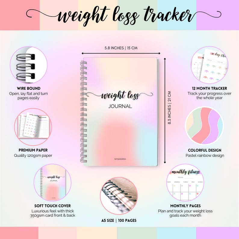 May include: A wire-bound weight loss journal with a soft-touch cover. The journal is A5 size, 5.8 inches wide and 8.3 inches tall, with 100 pages. It features a pastel rainbow design and includes monthly pages and a 12-month tracker.