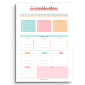 May include: A white notepad with the text "Getting it Together" in pink. The notepad has sections for "Must Do," "Could Do," and "Want to Do," along with sections for calls, messages, and emails. It also includes a calendar at the top.