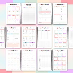 May include: A collection of open spiral-bound planners with various pages for goal setting, progress tracking, and self-reflection. The pages feature pastel color blocks and headings like "Monthly Check In" and "Milestones."