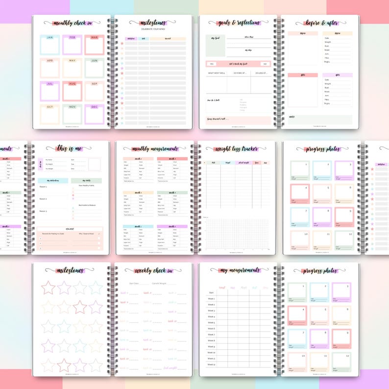 May include: A collection of open spiral-bound planners with various pages for goal setting, progress tracking, and self-reflection. The pages feature pastel color blocks and headings like "Monthly Check In" and "Milestones."