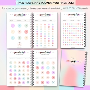 May include: A collection of spiral-bound notebooks with colorful pages designed for tracking weight loss progress. The notebooks feature the text "pounds lost" and "YOU CAN DO THIS!" with space to record milestones. The cover of one notebook reads "YOU got THIS!"