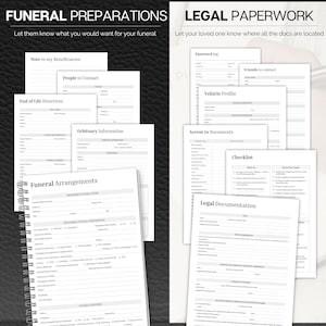 Op de afbeelding: Een spiraalgebonden notitieboek met pagina's voor begrafenisvoorbereidingen en juridische documenten. Het notitieboek bevat secties voor begrafenisregelingen, levenseinde-richtlijnen en juridische documentatie. De tekst op de omslag luidt "FUNERAL PREPARATIONS" en "LEGAL PAPERWORK".
