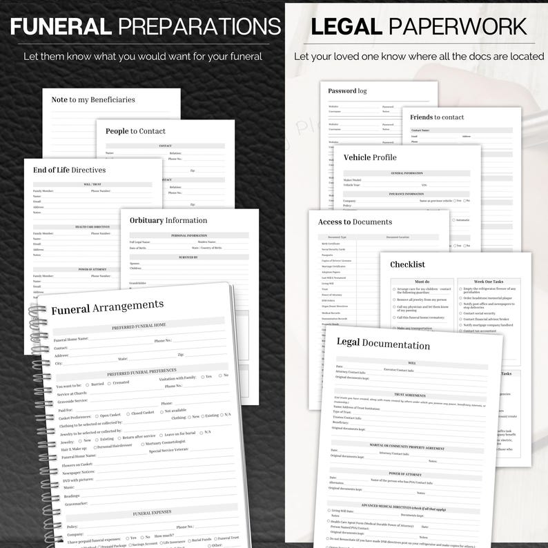 Op de afbeelding: Een spiraalgebonden notitieboek met pagina's voor begrafenisvoorbereidingen en juridische documenten. Het notitieboek bevat secties voor begrafenisregelingen, levenseinde-richtlijnen en juridische documentatie. De tekst op de omslag luidt "FUNERAL PREPARATIONS" en "LEGAL PAPERWORK".