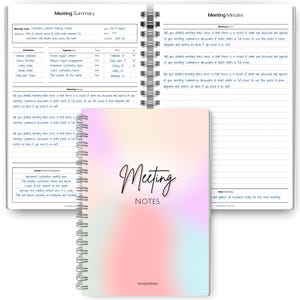 May include: A spiral-bound notebook with a pastel gradient cover, featuring the words "Meeting Notes". The open notebook reveals meeting summary and minutes pages, ideal for organizing notes and action items.
