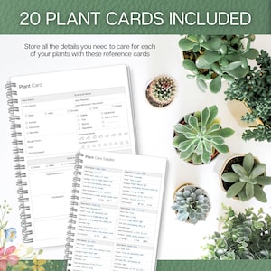 May include: A spiral-bound notebook with plant care guides and plant cards, featuring sections for plant details and care instructions. The image includes the text "20 PLANT CARDS INCLUDED" and various potted succulents.