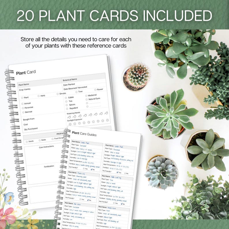 May include: A spiral-bound notebook with plant care guides and plant cards, featuring sections for plant details and care instructions. The image includes the text "20 PLANT CARDS INCLUDED" and various potted succulents.
