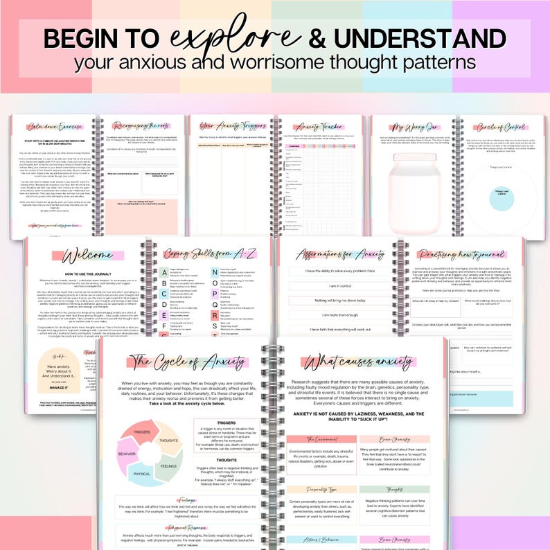 May include: A spiral-bound journal with pages featuring text and graphics. The cover reads "BEGIN TO explore & UNDERSTAND your anxious and worrisome thought patterns." Pages include "Welcome," "Coping Skills from A-Z," and "The Cycle of Anxiety."