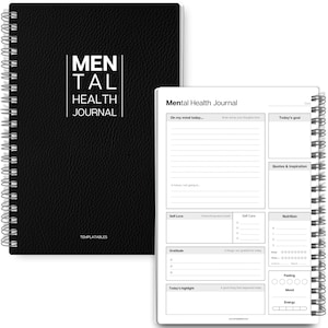 May include: A black, spiral-bound journal with the text "MENTAL HEALTH JOURNAL" in white. The journal is open to a page with prompts for self-reflection, including sections for mood, energy, and goals.