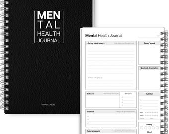 Diario de salud mental para hombres / Gratitud diaria, planificador de autocuidado, terapia, ansiedad, seguimiento del estado de ánimo, diario guiado y sugerencias / Espiral A5