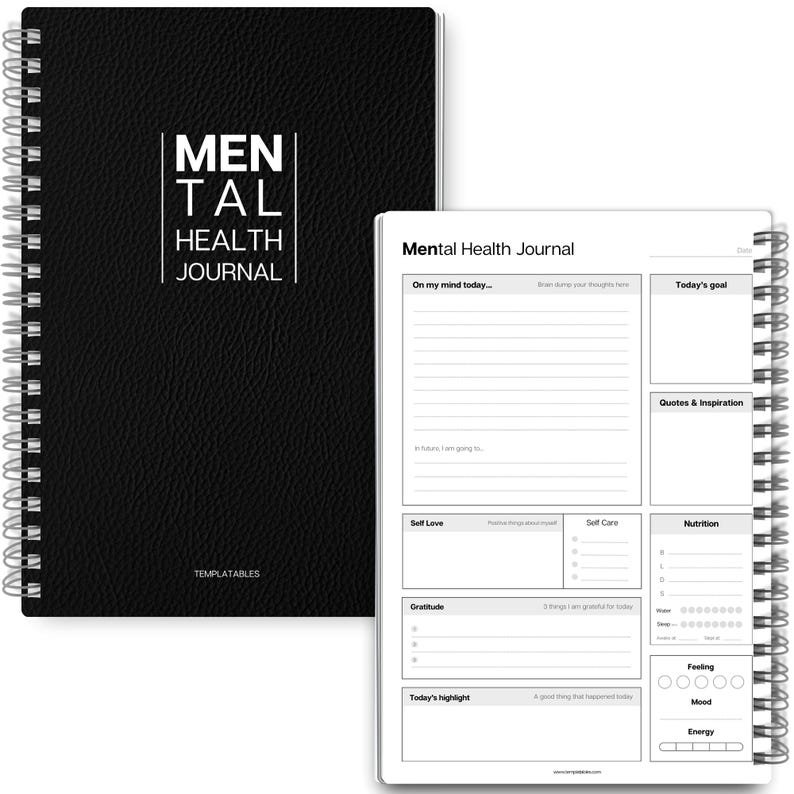 May include: A black, spiral-bound journal with the text "MENTAL HEALTH JOURNAL" in white. The journal is open to a page with prompts for self-reflection, including sections for mood, energy, and goals.