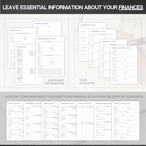 Op de afbeelding: Een verzameling financi&euml;le planningsdocumenten, waaronder verzekeringen, accountgegevens en informatie over activa. De documenten zijn georganiseerd met koppen als "Verzekeringsinformatie" en "Uw accounts". De tekst "LAAT ESSENTI&Euml;LE INFORMATIE OVER UW FINANCI&Euml;N ACHTER" staat bovenaan.