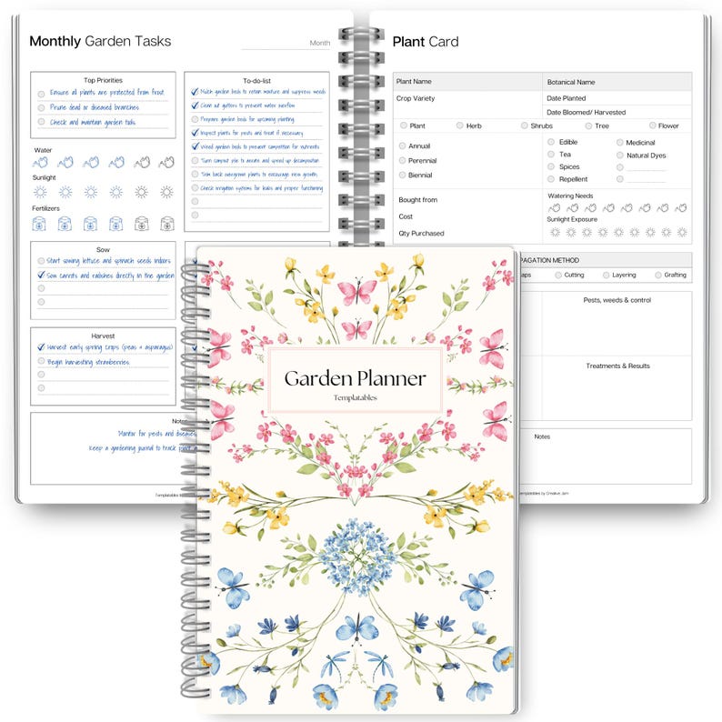 May include: A spiral-bound garden planner with a floral cover design. The cover features pink, yellow, and blue flowers, butterflies, and the text "Garden Planner". The open pages show monthly tasks and plant card sections.