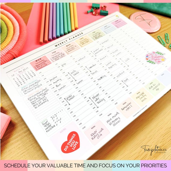 Weekly Hourly Planner Notepad, Colorful Daily Planner Desk Pad, Weekly Schedule, To Do List Note Pad, Undated ADHD Productivity Planner | A4