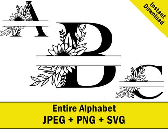 Sunflower Split Monogram Alphabet Digital Download SVG JPEG PNG Wedding Embroidery Design