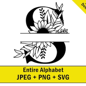 Flower Split Monogram Alphabet Digital Download SVG JPEG PNG Wedding Floral Embroidery Design