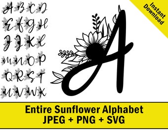 Flower Alphabet Monogram Digital Download SVG JPEG PNG floral sunflower wedding monogram florish flower letter