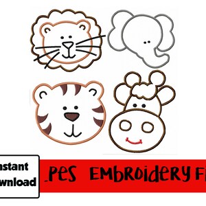 Safari Animal Faces Machine Embroidery Applique Pattern - 4x4 and 5x7 hoops