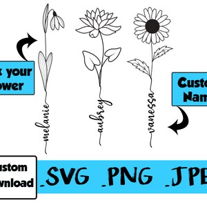 Mois de naissance fleur 5 fleurs avec nom manuscrit cursive connecté tige SVG PNG JPEG téléchargement numérique conception de tatouage personnalisé