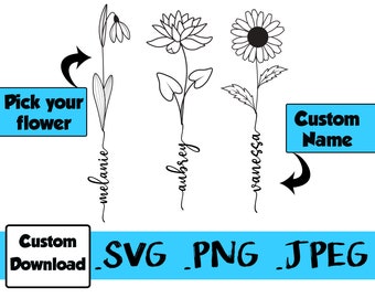 Birth Month Flower 5 Flowers with Connected Cursive Handwritten Name Stem SVG PNG JPEG Digital Download Custom Tattoo Design