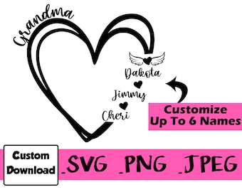 Custom Grandma Heart Angel Wing Design Grandkid Names Heart Shape Digital File svg Personalized Name Heart Download Tattoo Mother Nana Gift