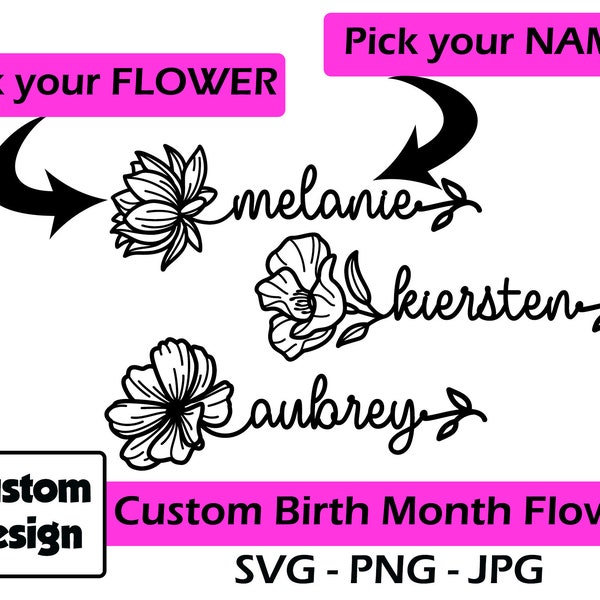 Birth Month Flower Name Stem Custom Design svg png jpg Digital Tattoo Design Gift Idea