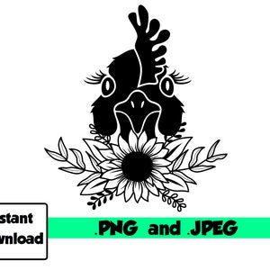 May include: Black and white silhouette of a chicken head with a sunflower and leaves. The chicken has its eyes closed and its beak is open. The sunflower is in the center of the image and has a black center. The leaves are around the sunflower and chicken head.