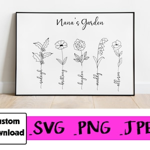 Nom personnalisé Fleurs - Naissance Mois Fleur avec Cursive Nom manuscrit Tige SVG PNG JPEG