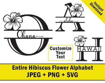 Split Monogram Alphabet Digital Download SVG JPEG PNG Hawaiian Hibiscus Flower Wedding Initial