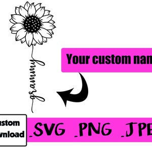 Benutzerdefinierte Name Sonnenblume mit verbundenem kursiven handgeschriebenen Namensstiel SVG PNG JPEG digitaler Download Made to Order Tattoo-Design