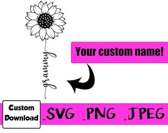 Custom Name Sunflower with Connected Cursive Handwritten Name Stem SVG PNG JPEG Digital Download Made to Order Tattoo Design
