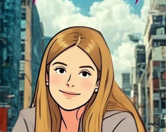 Könnte beinhalten: Illustration einer Frau mit langen blonden Haaren, die einen grauen Blazer und ein bordeauxrotes Oberteil trägt. Das Wort "ADOLESCENZA" ist in lila Schrift über ihrem Kopf geschrieben. Der Hintergrund zeigt eine Stadtlandschaft mit blauem Himmel.