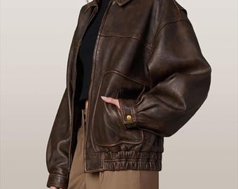 1980s Vintage Brown Real Leather Jacket for Women, Oversized Distressed Retro Bomber Boxy Fit Coat, Gift for Her