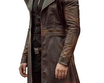 Handmade Mens Distressed Brown Sheepskin Leather Trench Coat, Steampunk Duster, Gothic Winter Wear Coat For Men, Father’s Gift for Him