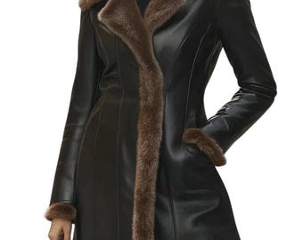 Cappotto da donna fatto a mano in vera pelle di pecora con finiture in pelliccia di volpe – Cappotto invernale marrone con pelliccia, giacca lunga in pelle, capospalla di lusso per lei